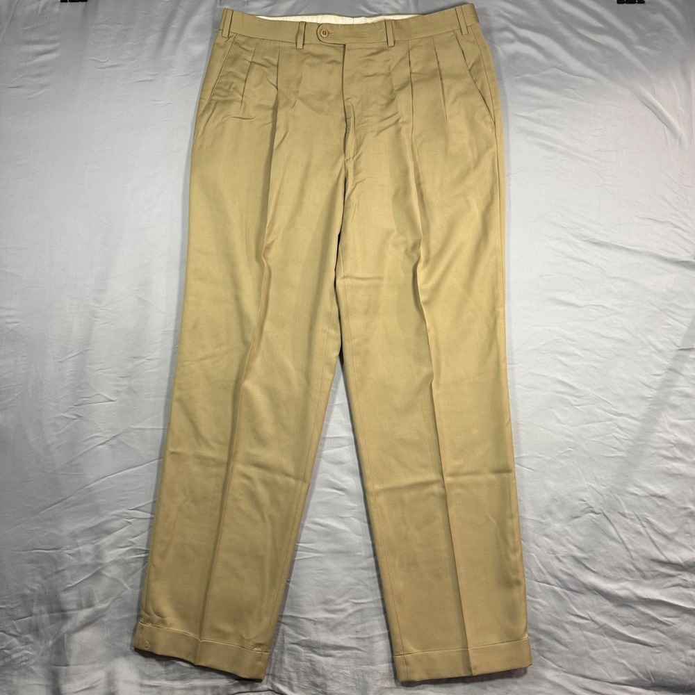 Ermenegildo Zegna Double Pleated Cuffed Dress Pants Mens 36x32 Tan Wool Silk
